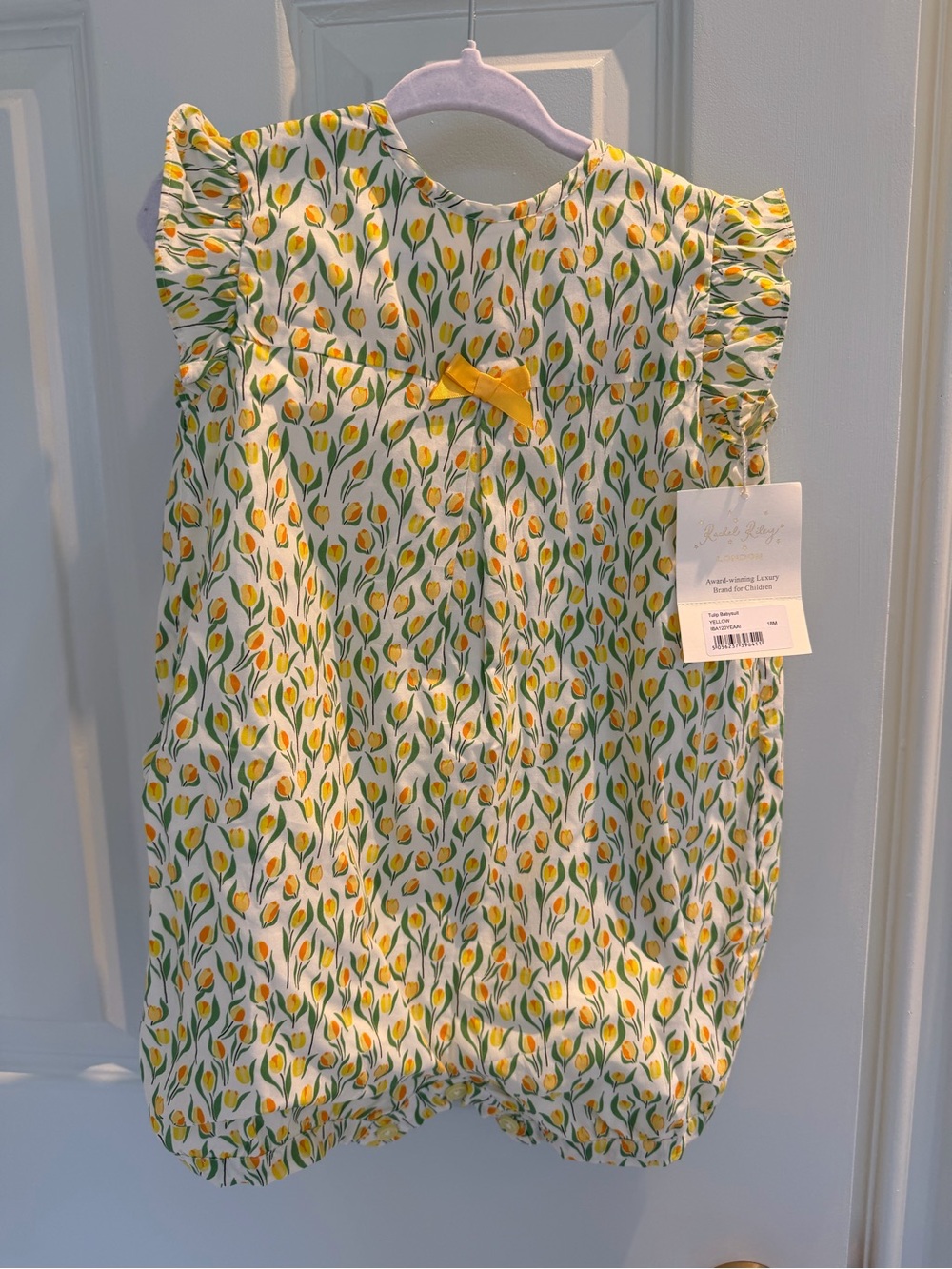 NWT Rachel Riley Yellow Green Tulip Print Romper Bubble with Bow 18M